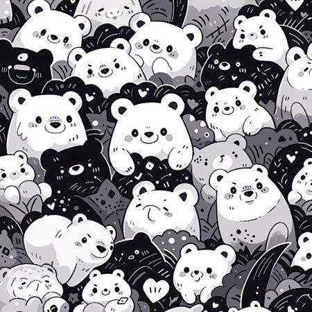 bear black and white pattern , in the style of cartoon, billy childish, rainbowcore, packed with hidden details,  AI illustration, digital, virtual, generativeの素材
