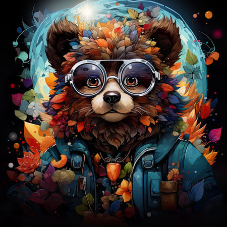 illustration is made of the cartoon bear wearing glasses, in the style of highly detailed foliage, intense color fields, highly realistic, colorful costumes, neonpunk, joyful celebration of nature , AI illustration, digital, virtual, generativeの素材