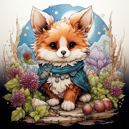 a cute fox in the style of 2d game art, highly detailed illustrations, charming anime characters, multicolored landscapes, colorful compositions,AI illustration, digital, virtual, generativeの素材
