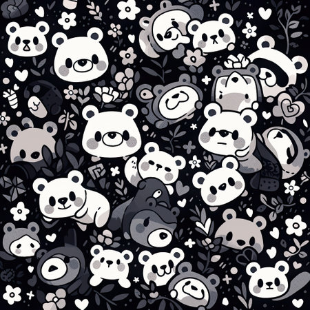 bear black and white pattern , in the style of cartoon, billy childish, rainbowcore, packed with hidden details,  AI illustration, digital, virtual, generativeの素材