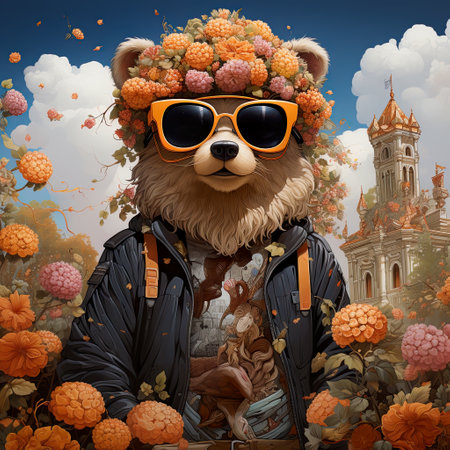 illustration is made of the cartoon bear wearing glasses, in the style of highly detailed foliage, intense color fields, highly realistic, colorful costumes, neonpunk, joyful celebration of nature , AI illustration, digital, virtual, generativeの素材