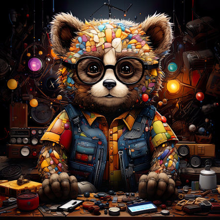illustration is made of the cartoon bear wearing glasses, in the style of highly detailed foliage, intense color fields, highly realistic, colorful costumes, neonpunk, joyful celebration of nature , AI illustration, digital, virtual, generativeの素材
