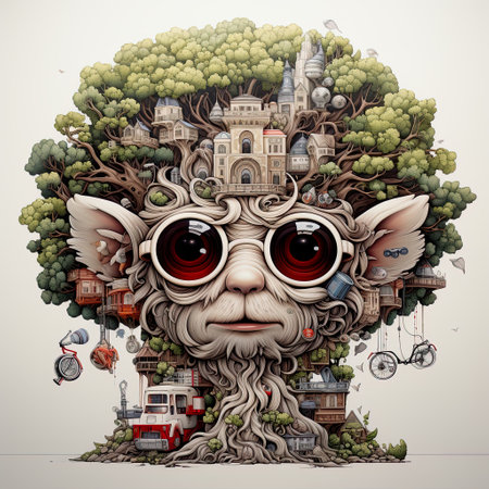 illustration is made of the cartoon bear wearing glasses, in the style of highly detailed foliage, intense color fields, highly realistic, colorful costumes, neonpunk, joyful celebration of nature , AI illustration, digital, virtual, generativeの素材