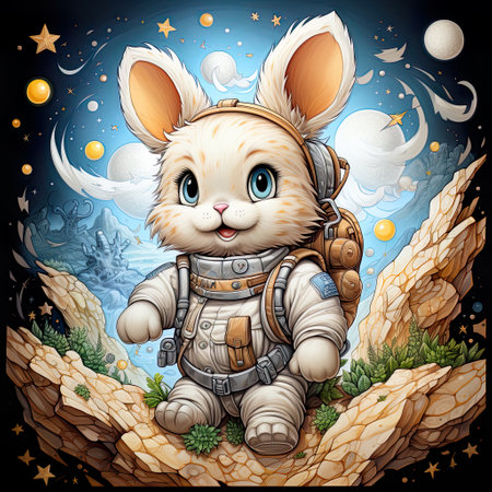 Cute astronaut bunny, a bunny in space outfit in a rock, in the style of highly detailed illustrations, adventure themed , Generative Aiの素材