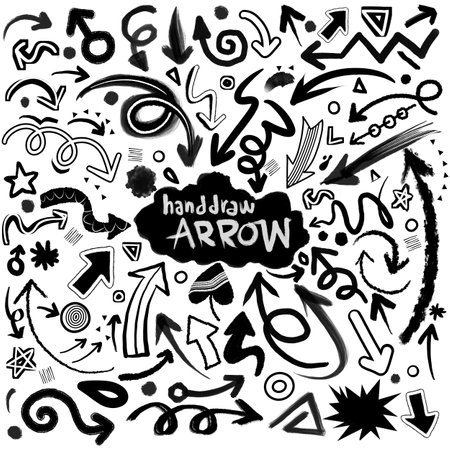 Gather hand-drawn arrows. Simple arrows placed alone on a white background. marks with an arrow. Bow paintのイラスト素材