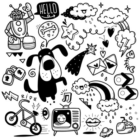 cute hand drawn doodle  set, love, cute thing ,cute animals  and creative design  collection ,Illustrationのイラスト素材
