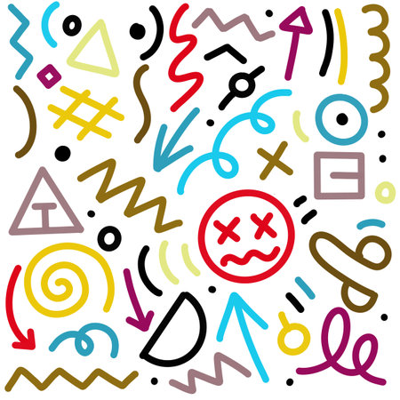 Fun pattern of colored lines. Kids' minimalist art backgrounds or current trends in design using simple shapes.simple, scribbled background atmosphereのイラスト素材
