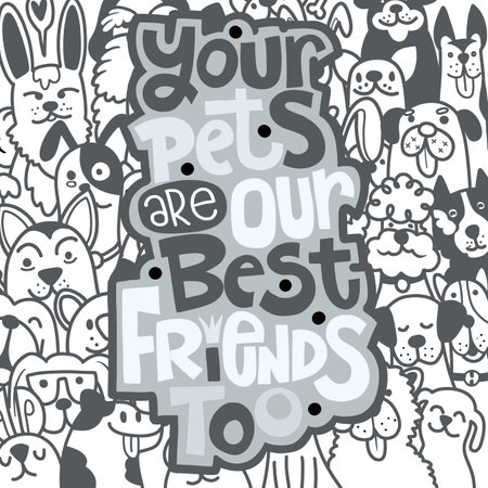 Collection of cute dogs. Set of doodle pets on a white background. Hand drawn illustration with black and white dogs ,Hand drawing Doodleのイラスト素材