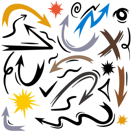 Gather hand-drawn arrows. Simple arrows placed alone on a white background. marks with an arrow. Bow paintのイラスト素材