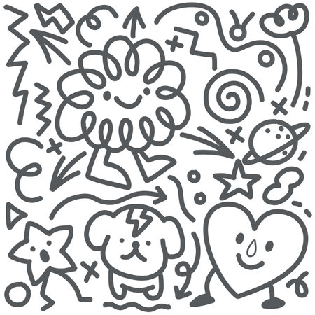 Fun pattern of doodle lines. Kids' minimalist art backgrounds or current trends in design using simple shapes.simple, scribbled background atmosphereのイラスト素材