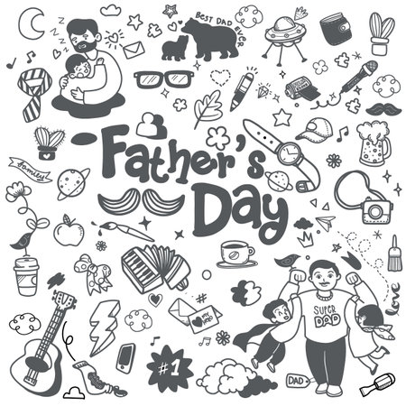 Doodles for Happy Father Day with handwritten lettering and design elements. Cute typography design collection for gift cards, banners, posters, and paper decorations. vintage inspired retroのイラスト素材