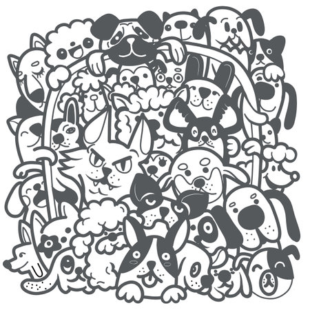 Collection of cute dogs. Set of doodle pets on a white background. Hand drawn illustration with black and white dogs ,Hand drawing Doodleのイラスト素材