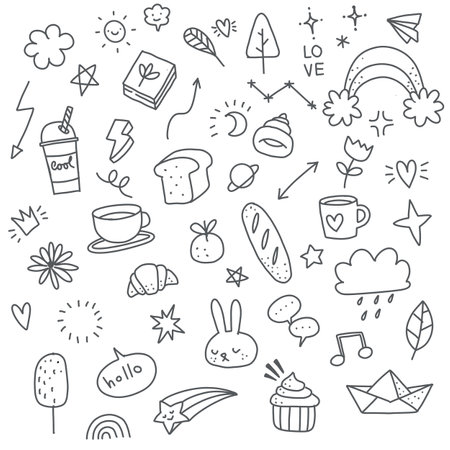 cute hand drawn doodle  set, love, cute thing ,cute animals  and creative design  collection ,Illustrationのイラスト素材
