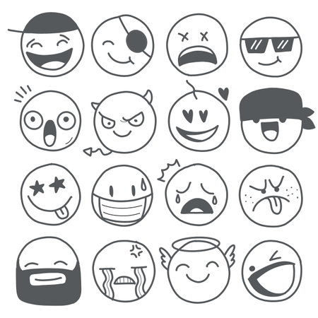 Doodle Emoji face icon collection. hand-drawn sketch design. Emojis with various moods, including happy, sad, and smiling faces. llustration of comic book line artのイラスト素材
