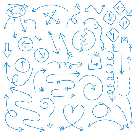 Gather hand-drawn arrows. Simple arrows placed alone on a white background. marks with an arrow. Bow paintのイラスト素材
