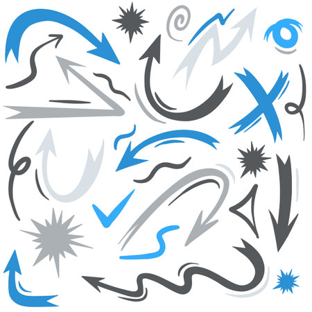 Gather hand-drawn arrows. Simple arrows placed alone on a white background. marks with an arrow. Bow paintのイラスト素材