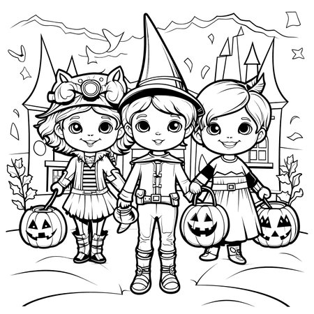 Halloween party for kids, black and white coloring page for kids and adults , line art, simple cartoon style, happy cute and funnyのイラスト素材