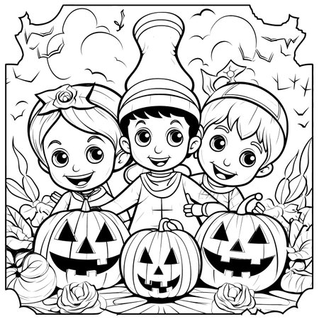 Halloween party for kids, black and white coloring page for kids and adults , line art, simple cartoon style, happy cute and funnyのイラスト素材