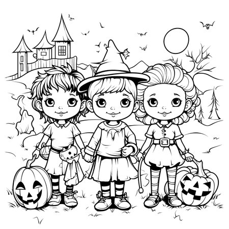 Halloween party for kids, black and white coloring page for kids and adults , line art, simple cartoon style, happy cute and funnyのイラスト素材