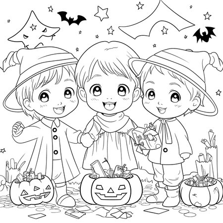 Halloween party for kids, black and white coloring page for kids and adults , line art, simple cartoon style, happy cute and funnyのイラスト素材
