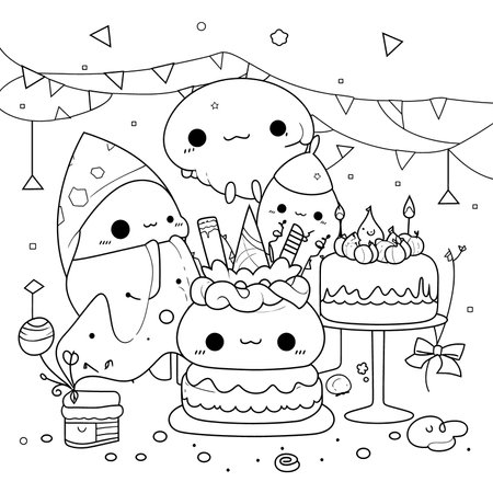 Halloween party for kids, black and white coloring page for kids and adults , line art, simple cartoon style, happy cute and funnyのイラスト素材