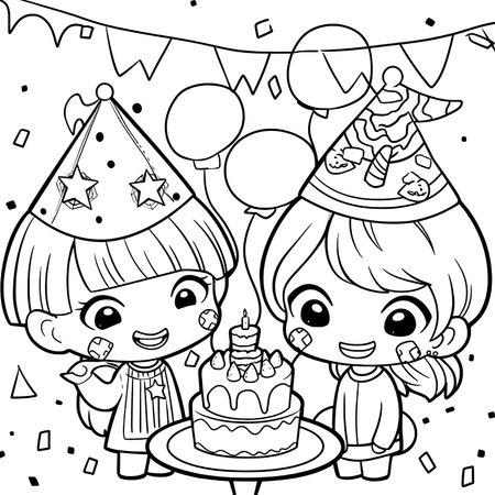 Halloween party for kids, black and white coloring page for kids and adults , line art, simple cartoon style, happy cute and funnyのイラスト素材