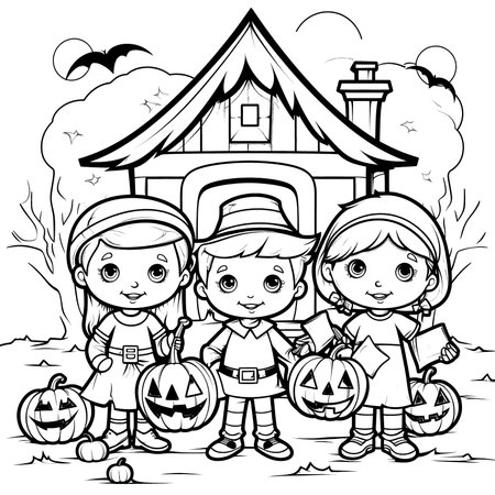 Halloween party for kids, black and white coloring page for kids and adults , line art, simple cartoon style, happy cute and funnyのイラスト素材