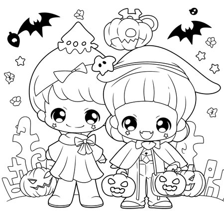 Halloween party for kids, black and white coloring page for kids and adults , line art, simple cartoon style, happy cute and funnyのイラスト素材