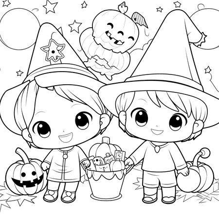 Halloween party for kids, black and white coloring page for kids and adults , line art, simple cartoon style, happy cute and funnyのイラスト素材