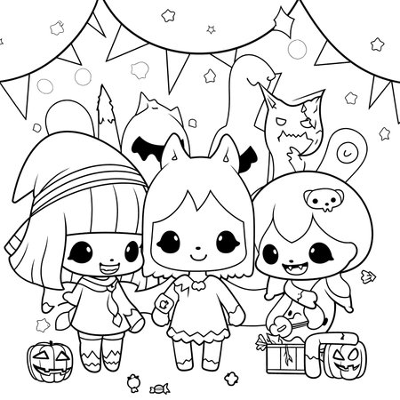 Halloween party for kids, black and white coloring page for kids and adults , line art, simple cartoon style, happy cute and funnyのイラスト素材