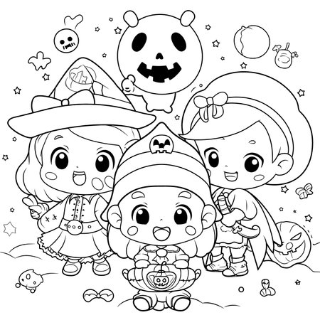 Halloween party for kids, black and white coloring page for kids and adults , line art, simple cartoon style, happy cute and funnyのイラスト素材
