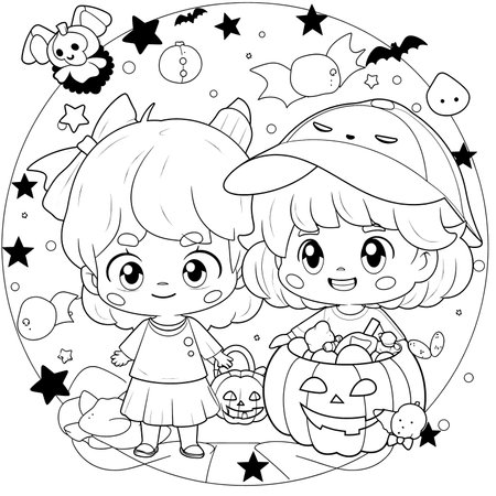 Halloween party for kids, black and white coloring page for kids and adults , line art, simple cartoon style, happy cute and funnyのイラスト素材