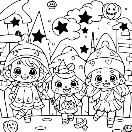 Halloween party for kids, black and white coloring page for kids and adults , line art, simple cartoon style, happy cute and funnyのイラスト素材