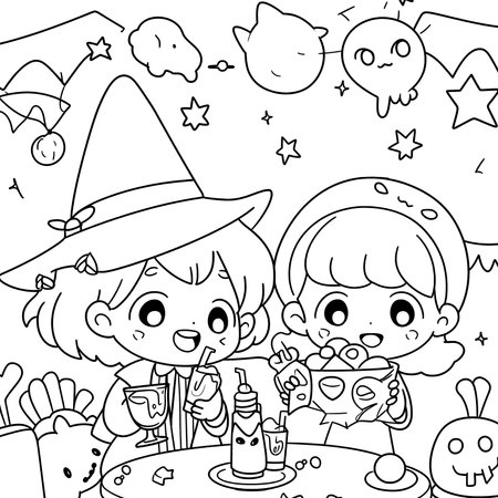 Halloween party for kids, black and white coloring page for kids and adults , line art, simple cartoon style, happy cute and funnyのイラスト素材