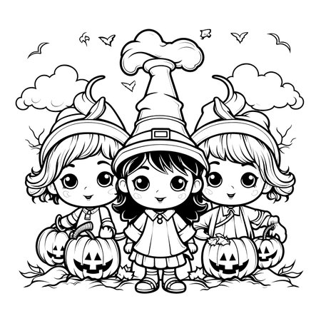 Halloween party for kids, black and white coloring page for kids and adults , line art, simple cartoon style, happy cute and funnyのイラスト素材