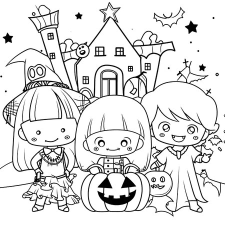 Halloween party for kids, black and white coloring page for kids and adults , line art, simple cartoon style, happy cute and funnyのイラスト素材