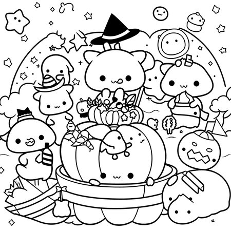 Halloween party for kids, black and white coloring page for kids and adults , line art, simple cartoon style, happy cute and funnyのイラスト素材