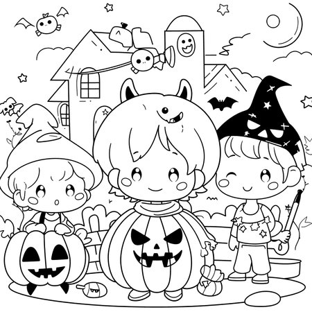 Halloween party for kids, black and white coloring page for kids and adults , line art, simple cartoon style, happy cute and funnyのイラスト素材