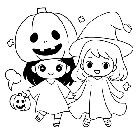 Halloween party for kids, black and white coloring page for kids and adults , line art, simple cartoon style, happy cute and funnyのイラスト素材