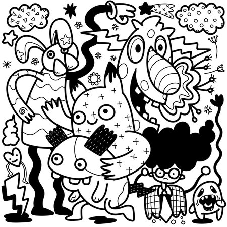 Doodle, black and white drawing of a drawing of cartoon characters, in the style of psychedelic neon, chilling creatures, messy, organic forms and shapes, kawaii, line art cartoon ,Illustration Vectorのイラスト素材