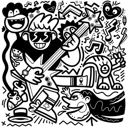 black and white doodle of a man with a guitar, in the style of playful characters, acidwave, lively tavern scenes, fluid and organic shapes, made of all of the above, kidcore, lively tableaus ,Illustration Vectorのイラスト素材
