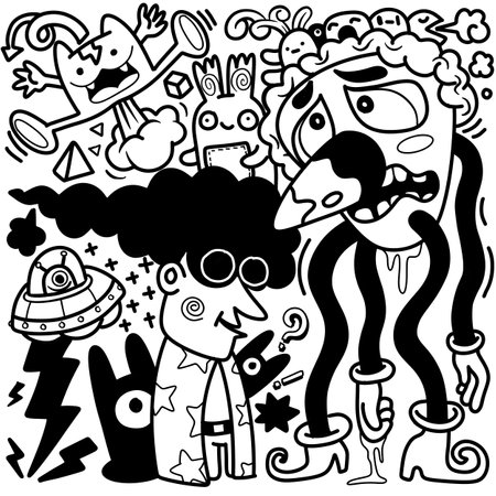 Doodle, black and white drawing of a drawing of cartoon characters, in the style of psychedelic neon, chilling creatures, messy, organic forms and shapes, kawaii, line art  cartoon ,Illustration Vectorのイラスト素材