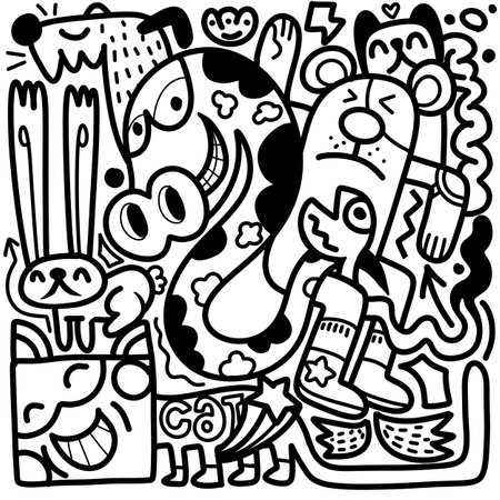 Doodle, black and white drawing of a drawing of cartoon characters, in the style of psychedelic neon, chilling creatures, messy, organic forms and shapes, kawaii, colorful cartoon ,Illustration Vectorのイラスト素材