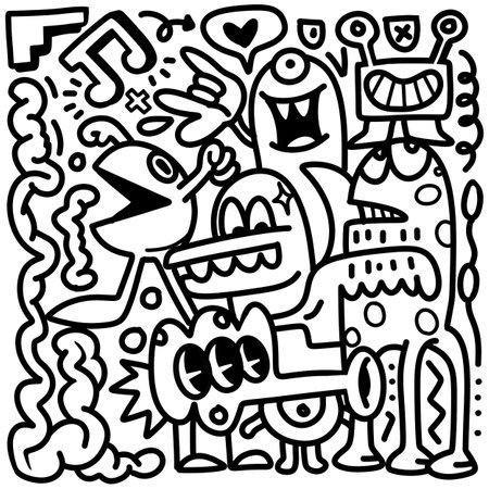 Doodle, black and white drawing of a drawing of cartoon characters, in the style of psychedelic neon, chilling creatures, messy, organic forms and shapes, kawaii, line art  cartoon ,Illustration Vectorのイラスト素材