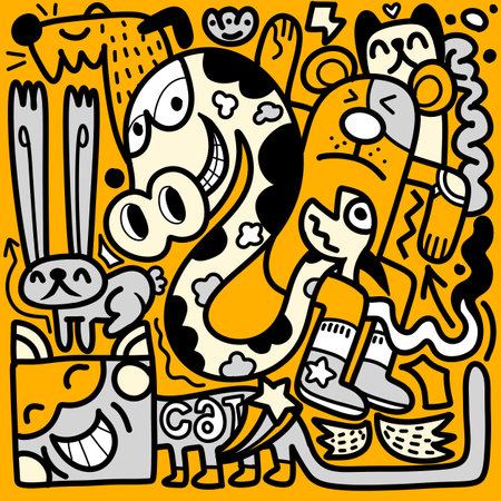Doodle, illustration of cartoon monsters and cartoons on an yellow background, in the style of black and white abstraction, joyous figurative art, light black and yellow, animals and people, hand coloring ,Illustration Vectorのイラスト素材