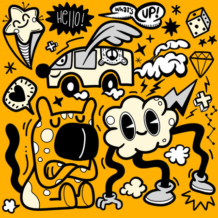 Doodle, illustration of cartoon monsters and cartoons on an yellow background, in the style of black and white abstraction, joyous figurative art, light black and yellow, animals and people, hand coloring ,Illustration Vectorのイラスト素材