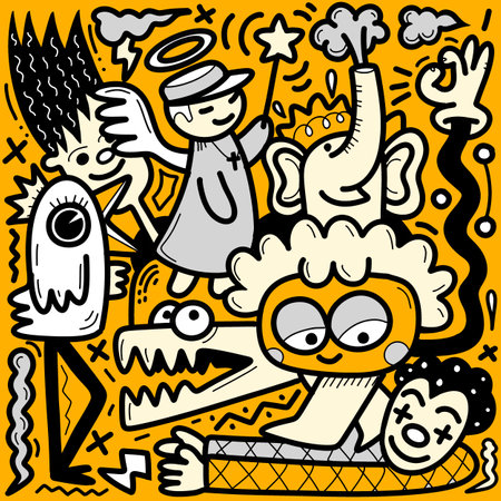 Doodle, hand drawn cartoon characters in an orange and yellow field, in the style of baroque religious scenes, monochrome abstraction, chilling creatures, mono-ha, graffiti-influenced, lively and energetic, nightmarish creatures ,Illustration Vectorのイラスト素材