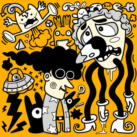 Doodle, illustration of cartoon monsters and cartoons on an yellow background, in the style of black and white abstraction, joyous figurative art, light black and yellow, animals and people, hand coloring ,Illustration Vectorのイラスト素材