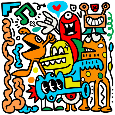 Doodle, hand drawn illustration of colorful cartoon characters, in the style of psychedelic absurdism, bold outlines, chilling creatures, baroque madness, child drawing ,Illustration Vectorのイラスト素材