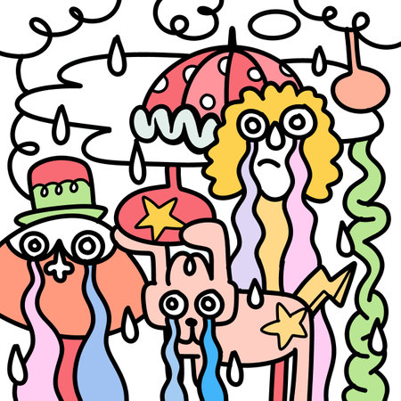 Doodle, hand drawn illustration of colorful cartoon characters, in the style of psychedelic absurdism, bold outlines, chilling creatures, baroque madness, child drawing ,Illustration Vectorのイラスト素材